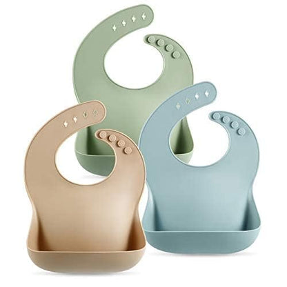 Set of 3 Silicone Baby Bibs by PandaEar - Waterproof, Soft, Unisex, 10-72 Months (Brown/Blue/Green)