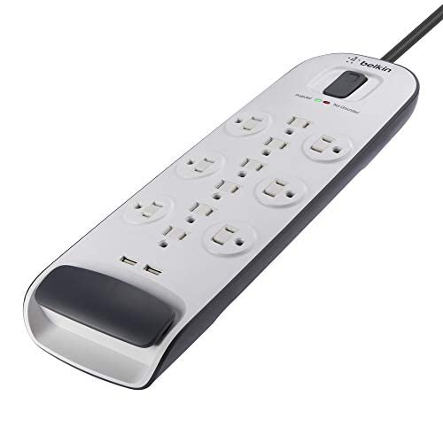 Belkin USB Power Strip Surge Protector - 12 AC Multiple Outlets & 2 USB Ports - 6 ft Long Flat Plug Extension Cord for Home, Office, Travel, Computer Desktop & Charging Brick - White (3,996 Joules)