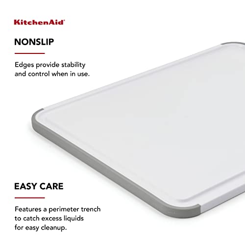 KitchenAid Classic Plastic Cutting Board with Perimeter Trench and Non Slip Edges, Dishwasher Safe, 11 inch x 14 inch, White and Gray