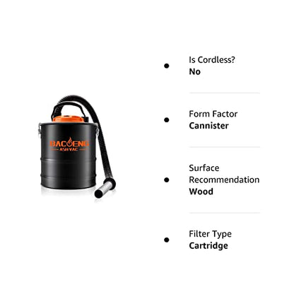 BACOENG Standard 4 Gallon 6.6Amp Ash Vacuum Cleaner with Blow Function for Pellet Stoves, Wood Stoves and BBQ Grills