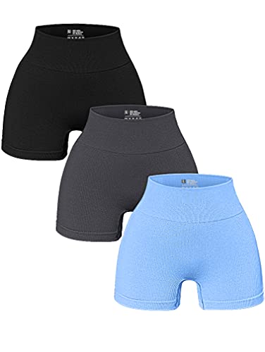 OQQ Women's 3 Piece Yoga Ribbed Seamless Workout High Waist Athletic Legging Shorts, Black Grey Candyblue, Small