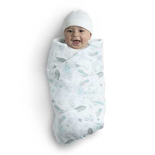 Delta Children 100% Cotton Muslin Baby Receiving Blankets for Girls and Boys – 47x47 Inches (Pack of 4), Sea Life