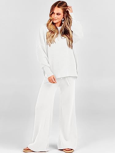 ANRABESS Women 2 Piece Outfits Sweatsuit Oversized Sweater Set & Wide Leg Pants Fall Chunky Lounge Set 1063mibai-L