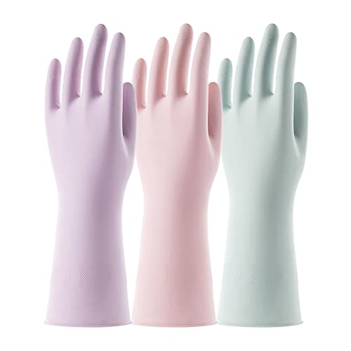 COOLJOB 3 Pairs Reusable Rubber Gloves for Dishwashing Cleaning Bleaching, Grippy Latex Dish Washing Gloves with Flocked Cotton Liner, Water Resistant Household Gloves for Kitchen Bathroom, Medium