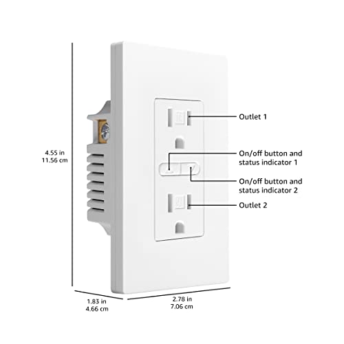 Amazon Basics Smart In-Wall Outlet with 2 Individually Controlled Outlets, Tamper Resistant, 2.4 GHz Wi-Fi, Works with Alexa Only, 4.57 x 2.80 x 1.85 inches, White