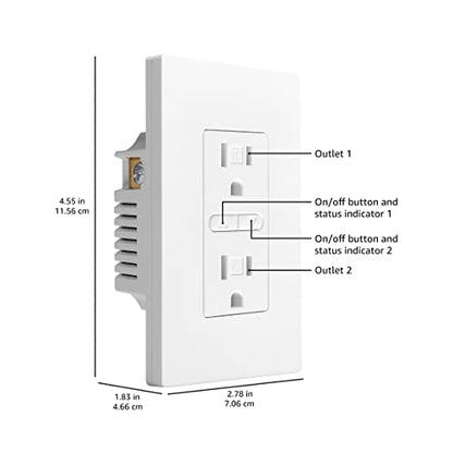 Amazon Basics Smart In-Wall Outlet with 2 Individually Controlled Outlets, Tamper Resistant, 2.4 GHz Wi-Fi, Works with Alexa Only, 4.57 x 2.80 x 1.85 inches, White