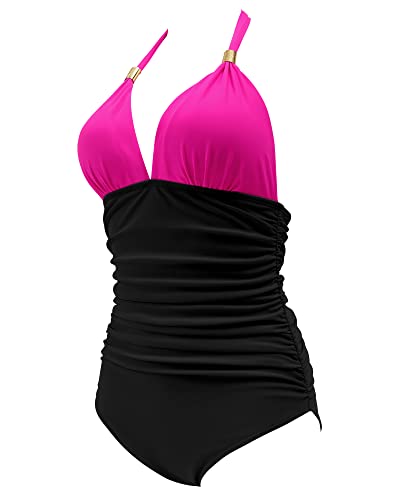 RXRXCOCO V Neck One Piece Swimsuits for Women Tummy Control Ruched Swimwear Halter Bathing Suit for Women Black and Hot Pink Large