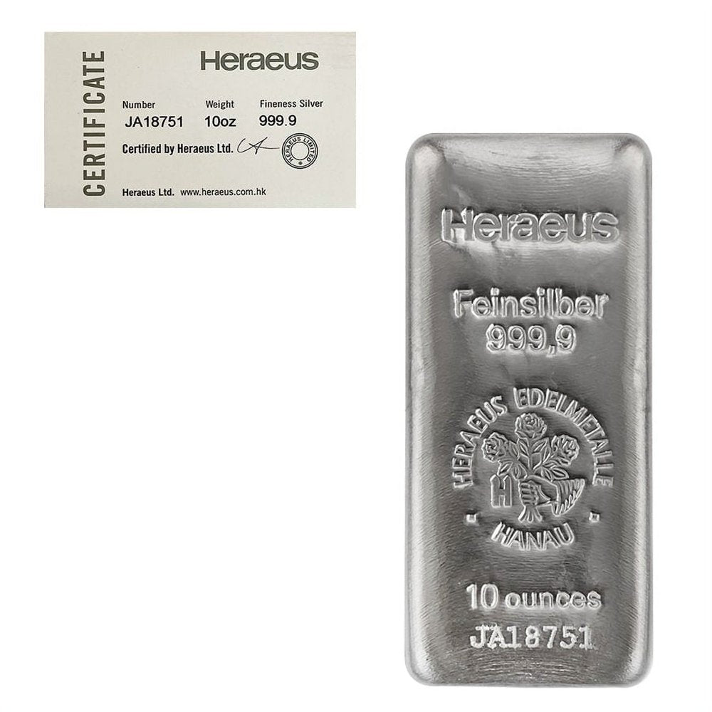 10 oz Heraeus Silver Bar .9999 Fine (w/COA)