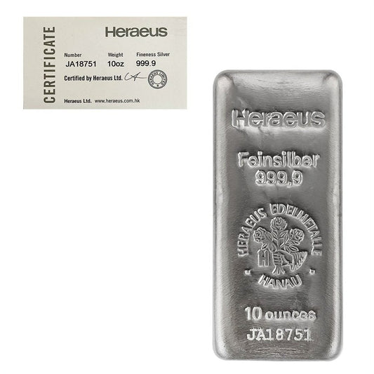 10 oz Heraeus Silver Bar .9999 Fine (w/COA)