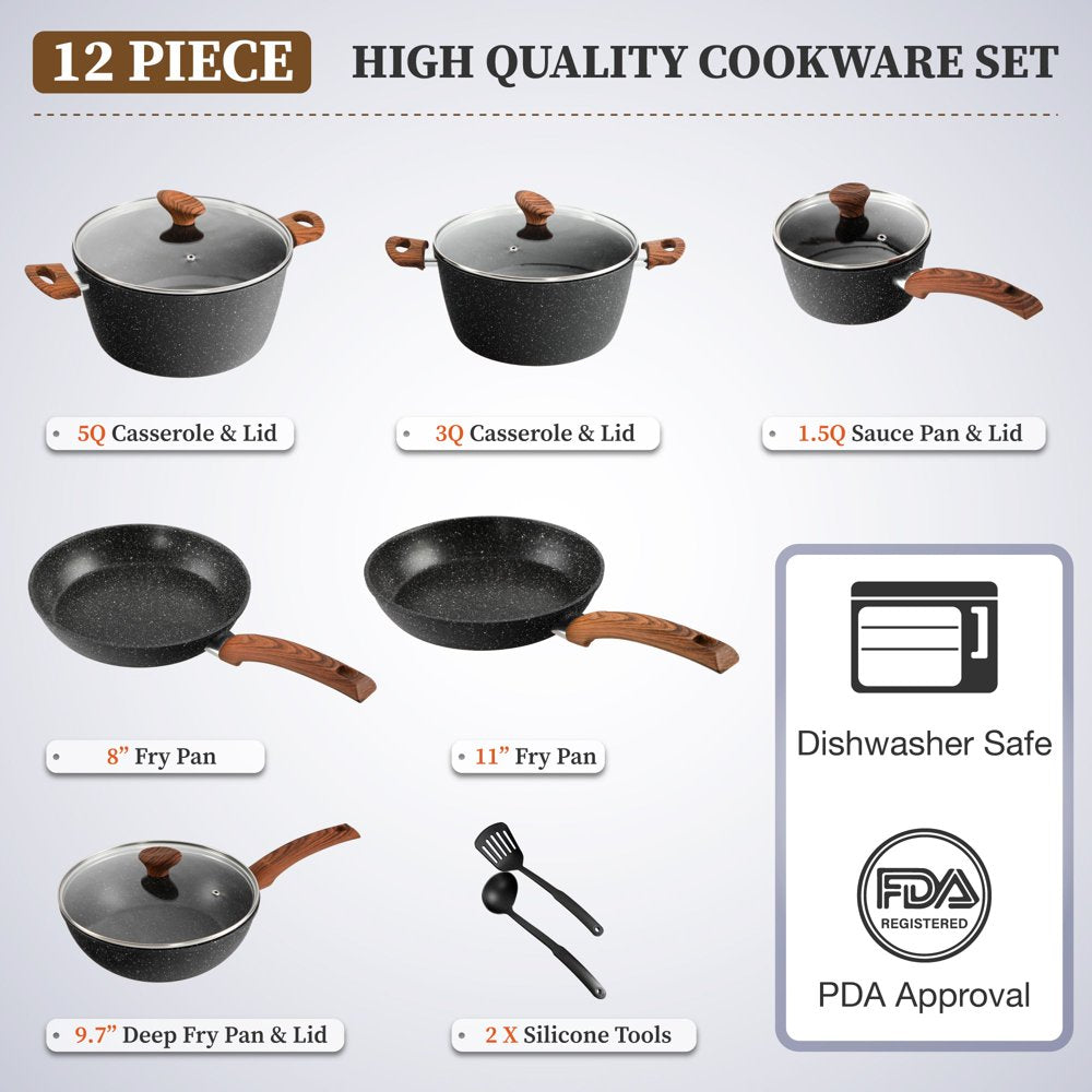 Sophia & William 12 Pieces Kitchen Nonstick Granite-Coated Cookware Set - Black