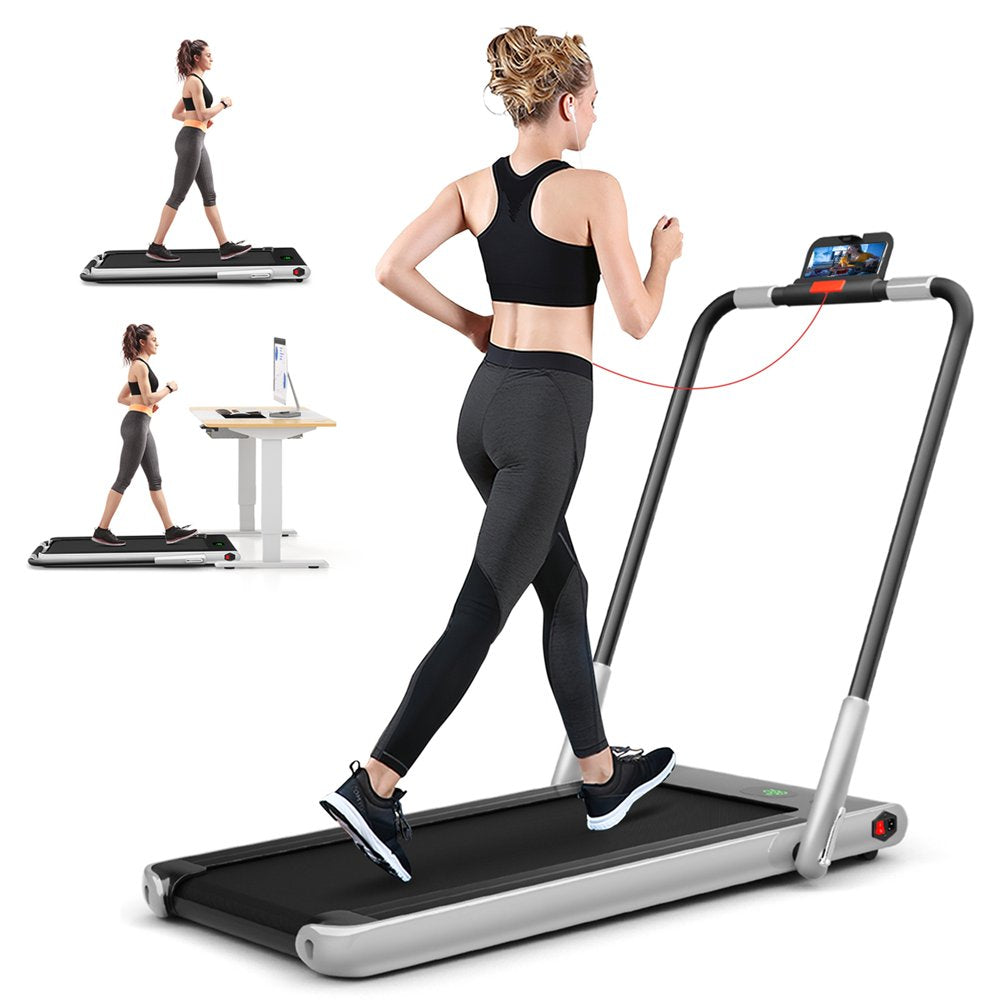 SuperFit 2.25HP 2-in-1 Folding Under Desk Treadmill W/Speaker Controller APP, Single Display Screen Silver