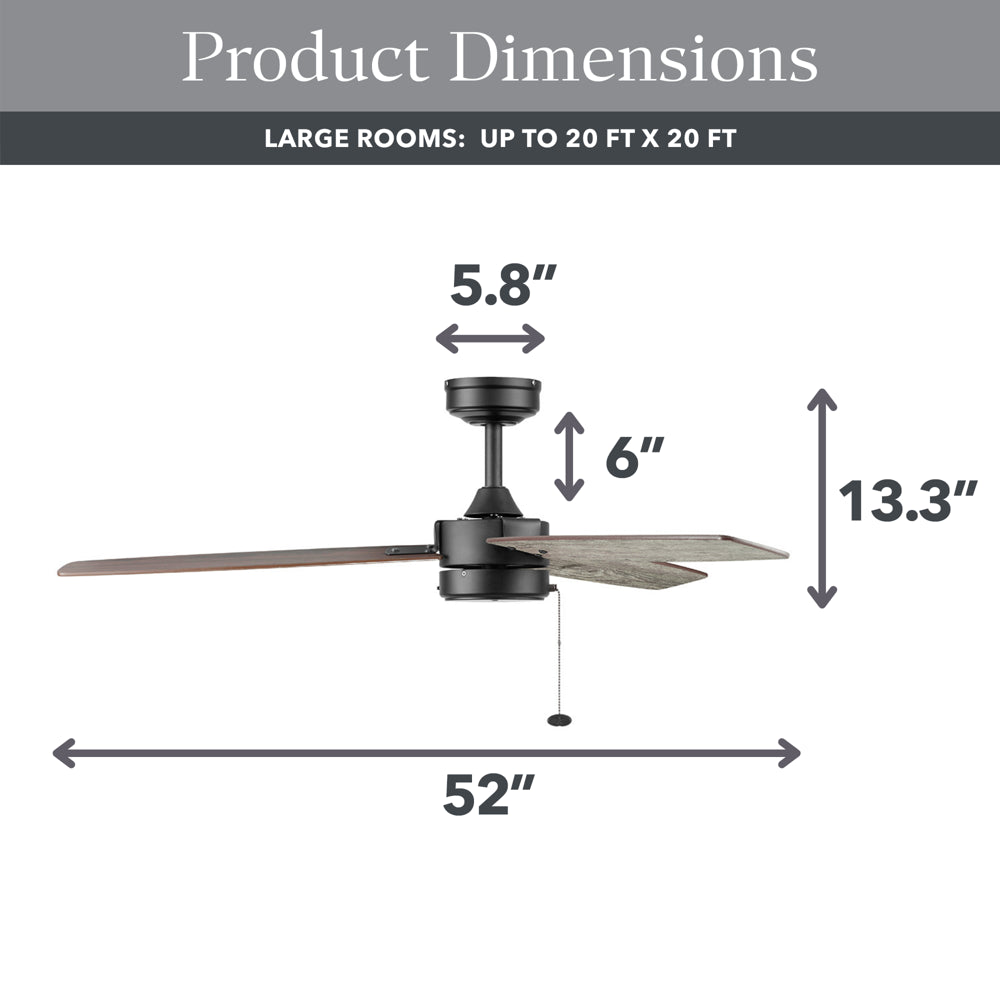 Better Homes & Gardens 52” Matte Black Indoor/Outdoor 3 Blade Ceiling Fan