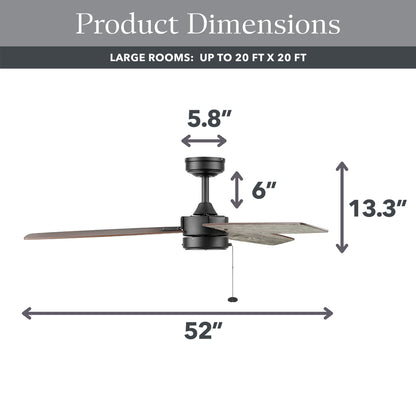 Better Homes & Gardens 52” Matte Black Indoor/Outdoor 3 Blade Ceiling Fan