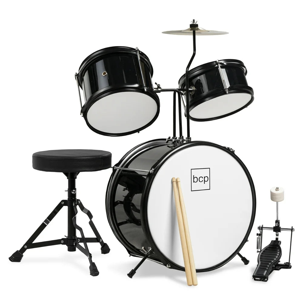 Best Choice Products 3-Piece Junior Drum Set with Throne, Pedal, Drumsticks - Black