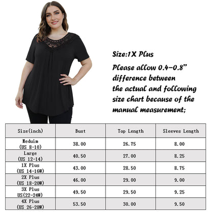 FOLUNSI Women's Plus Size Summer Tops Short Sleeve Lace Pleated Blouses Tunic Tops M-4XL