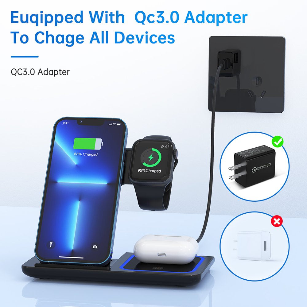 3 in 1 Wireless Charger, 18W Fast Charger Pad Stand Charging Station Dock for Iwatch Series SE 6/5/4/3 Airpods for Iphone 14/13/12 /11/Pro Max/12 Mini /XR Max 8 plus (With QC3.0 Adapter)