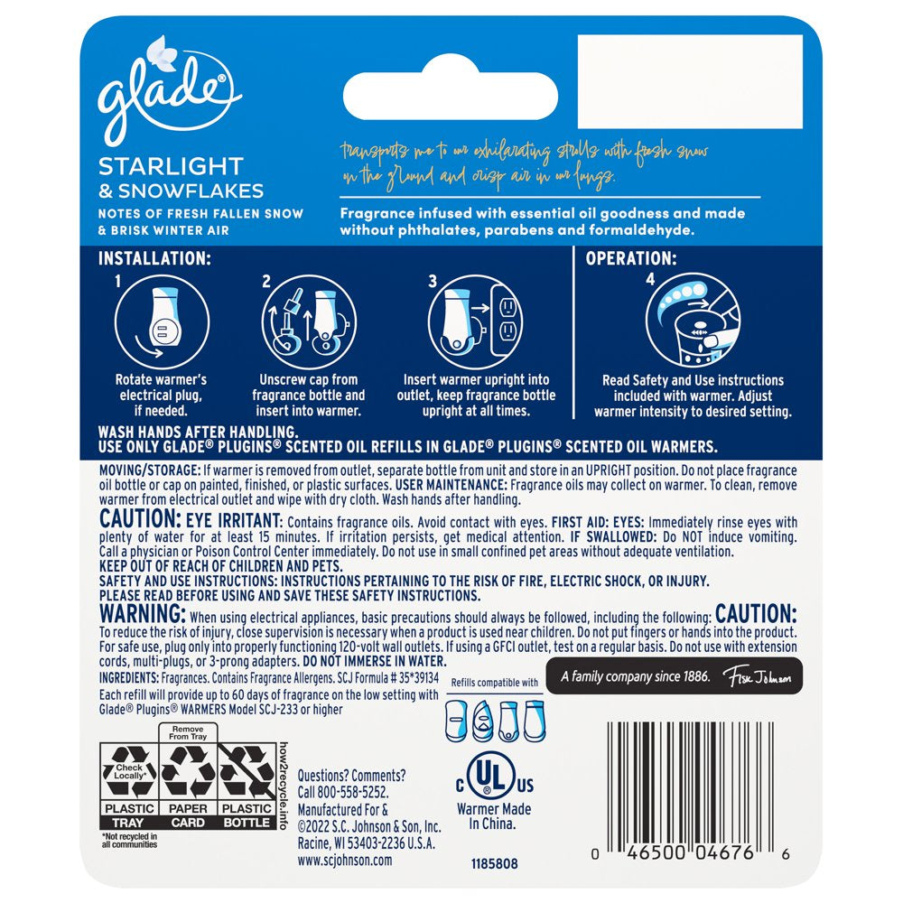 Glade PlugIns Scented Oil, Air Freshener, 1 Warmer + 2 Refills, Starlight & Snowflakes, 0.67 oz Each, 1.34 oz Total