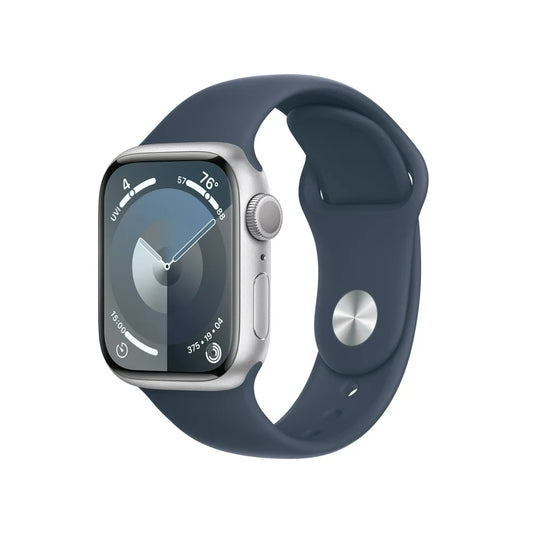 Apple Watch Series 9 GPS 41mm Silver Aluminum Case with Storm Blue Sport Band - S/M