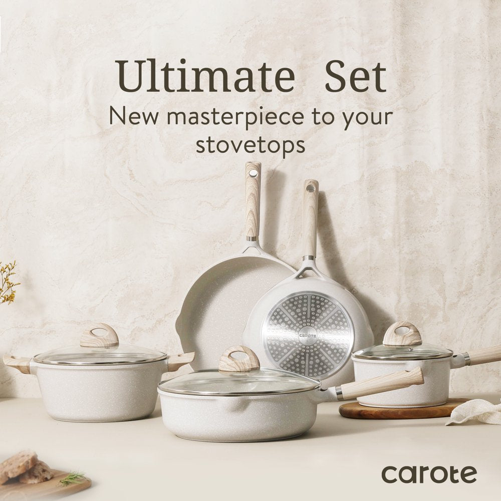 Carote Nonstick Pots and Pans Set, 8 Pcs Induction Kitchen Cookware Sets (Beige Granite)