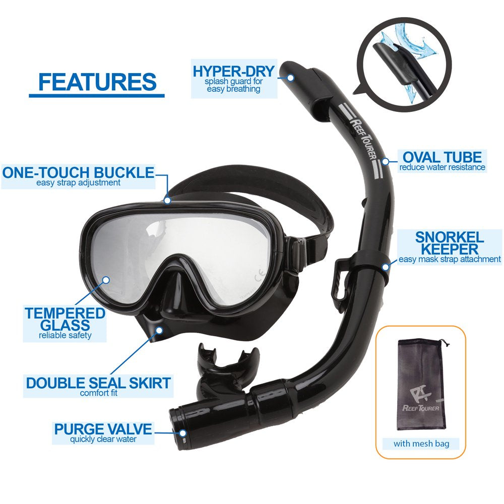 Reef Tourer Adult Single-Window Mask & Snorkel Combo Set, Black