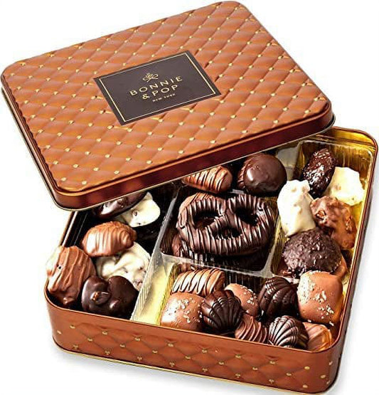 Chocolate Gift Basket, Gourmet Snack Food Box in Keepsake Tin- Bonnie and Pop