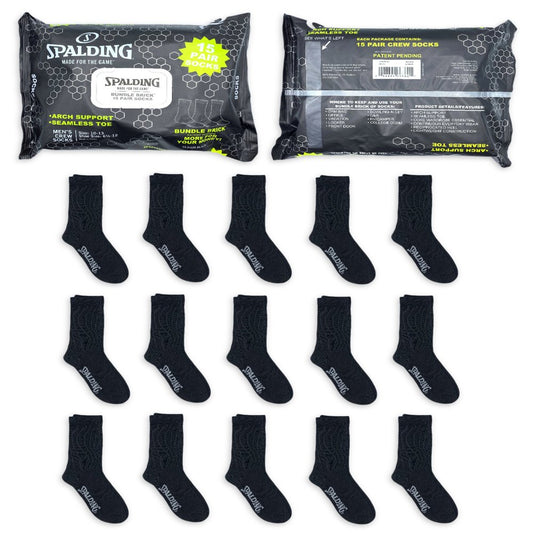 Spalding Men's Black Crew Socks, 15-Pack, Sizes 6.5-12