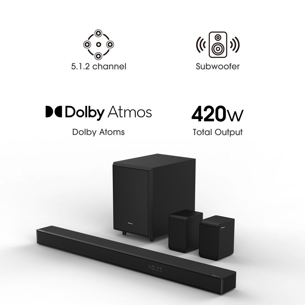 Hisense AX Series 5.1.2 Ch 420W Soundbar with Wireless Subwoofer, Wireless Rear Speakers, and Dolby Atmos (AX5120G, 2023 Model)