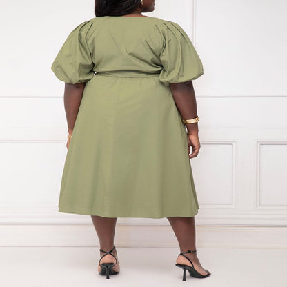  Women'S plus Size Puff-Sleeve Belted Midi Dress