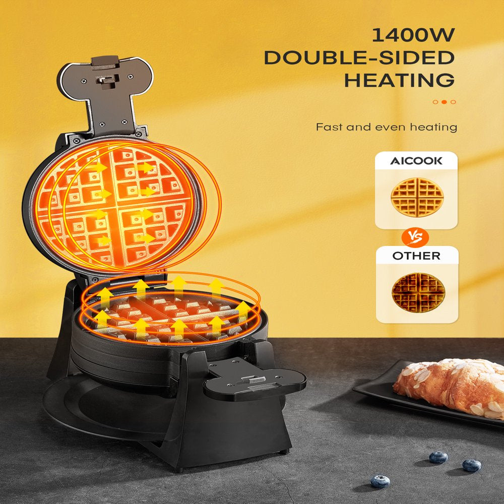 Double Belgian Waffle Maker 180° Flip, 1400W, Nonstick, Black, New, AICOOK