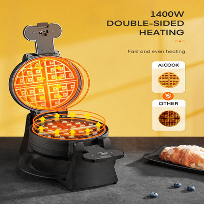 Double Belgian Waffle Maker 180° Flip, 1400W, Nonstick, Black, New, AICOOK