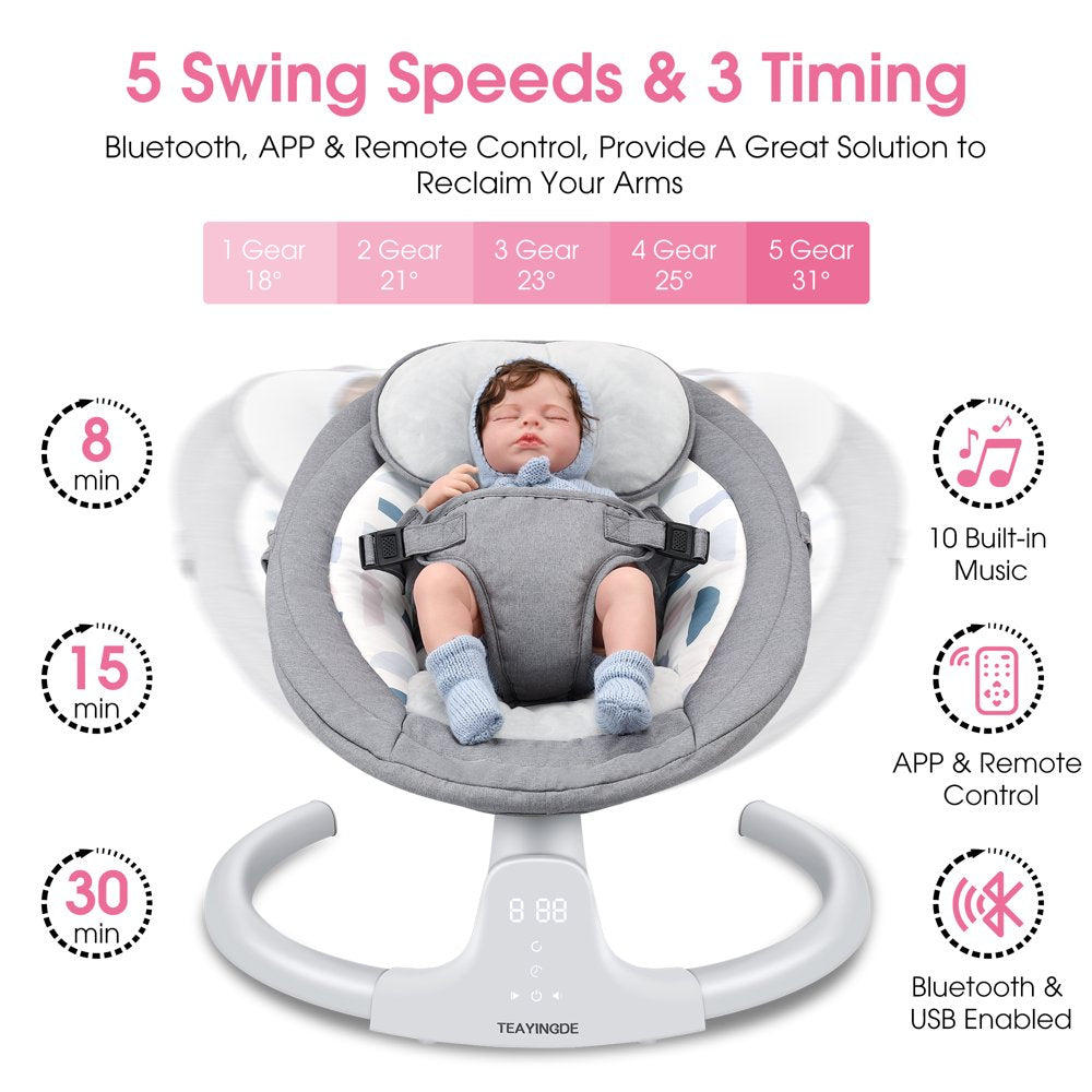 TEAYINGDE Baby Swing for Infants - APP Remote Bluetooth Control, 5 Speed Settings, 10 Lullabies, USB Plug (Gray)