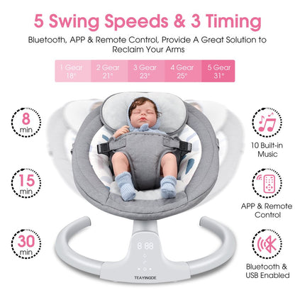 TEAYINGDE Baby Swing for Infants - APP Remote Bluetooth Control, 5 Speed Settings, 10 Lullabies, USB Plug (Gray)