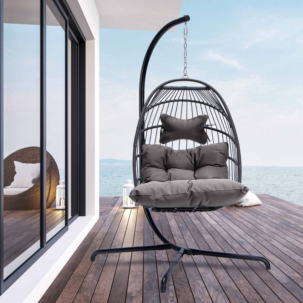 Nicesoul Foldable Wicker Hanging Egg Chair with Stand and Cover, Beige 350 Lbs Maximum Weight