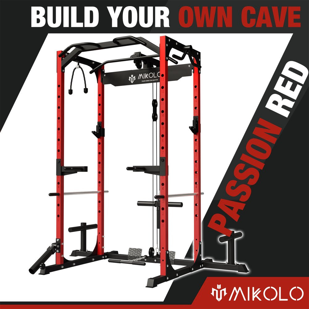 Mikolo Power Rack Cage with LAT Pulldown System,1200LBS Capacity Power Rack, Multi-Functional Squat Rack with 13-Level Adjustable Height and J-Hooks, Dip Bars, T-Bar, Gym Equipment (Upgraded)