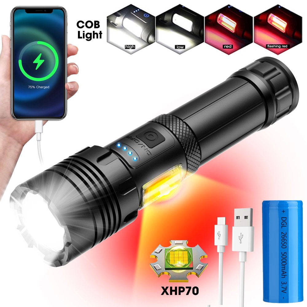 100000 Lumens Powerful Flashlight, Rechargeable Waterproof Searchlight XHP70 Super Bright Handheld Led Flashlight Tactical Flashlight 26650 Battery USB Zoom Torch for Emergency Hiking Hunting Camping