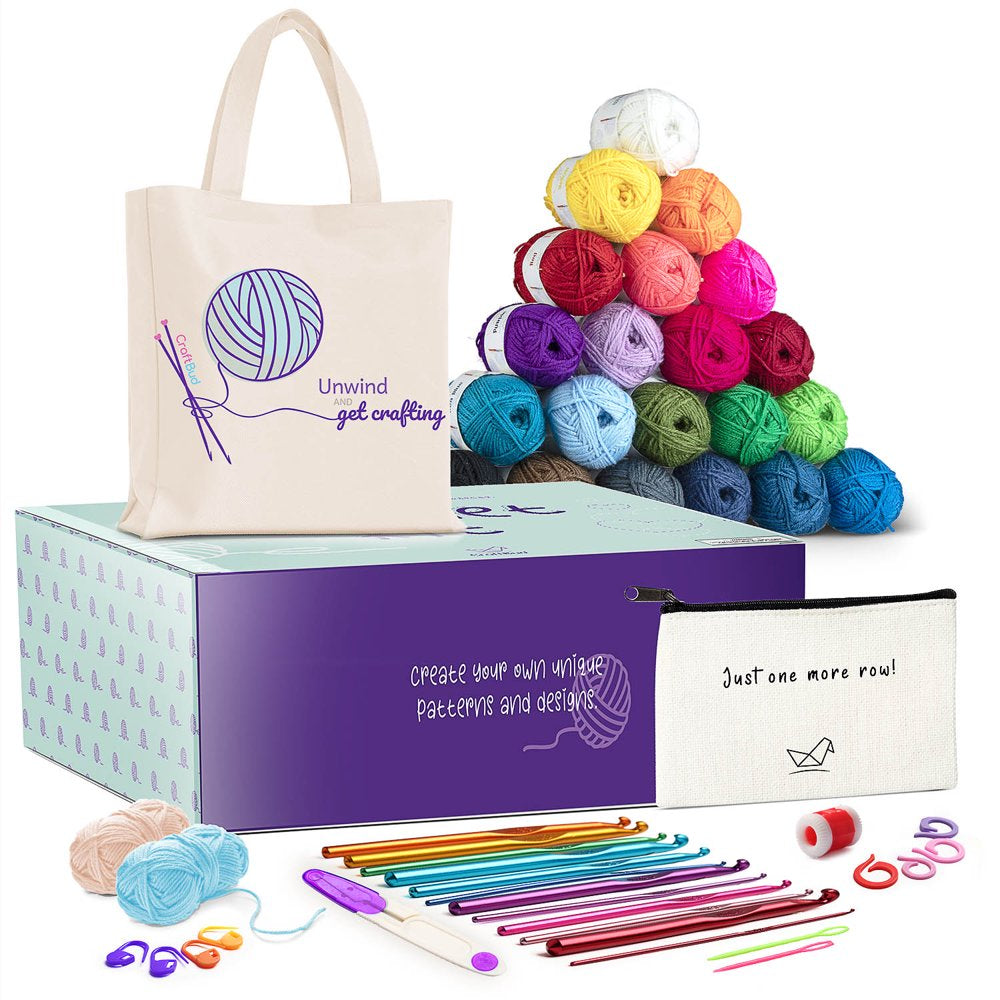 73 Piece Crochet Set Kit with Crochet Hooks Yarn Set, Premium Bundle Includes Yarn Balls, Needles, Accessories Kit, Canvas Tote Bag for Travel