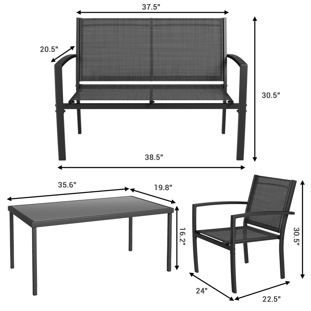 LACOO 4 Pieces Patio Indoor Furniture Outdoor Patio Furniture Set Textilene Bistro Set Modern Conversation Set Black Bistro Set with Loveseat Tea Table for Home, Lawn and Balcony, Black