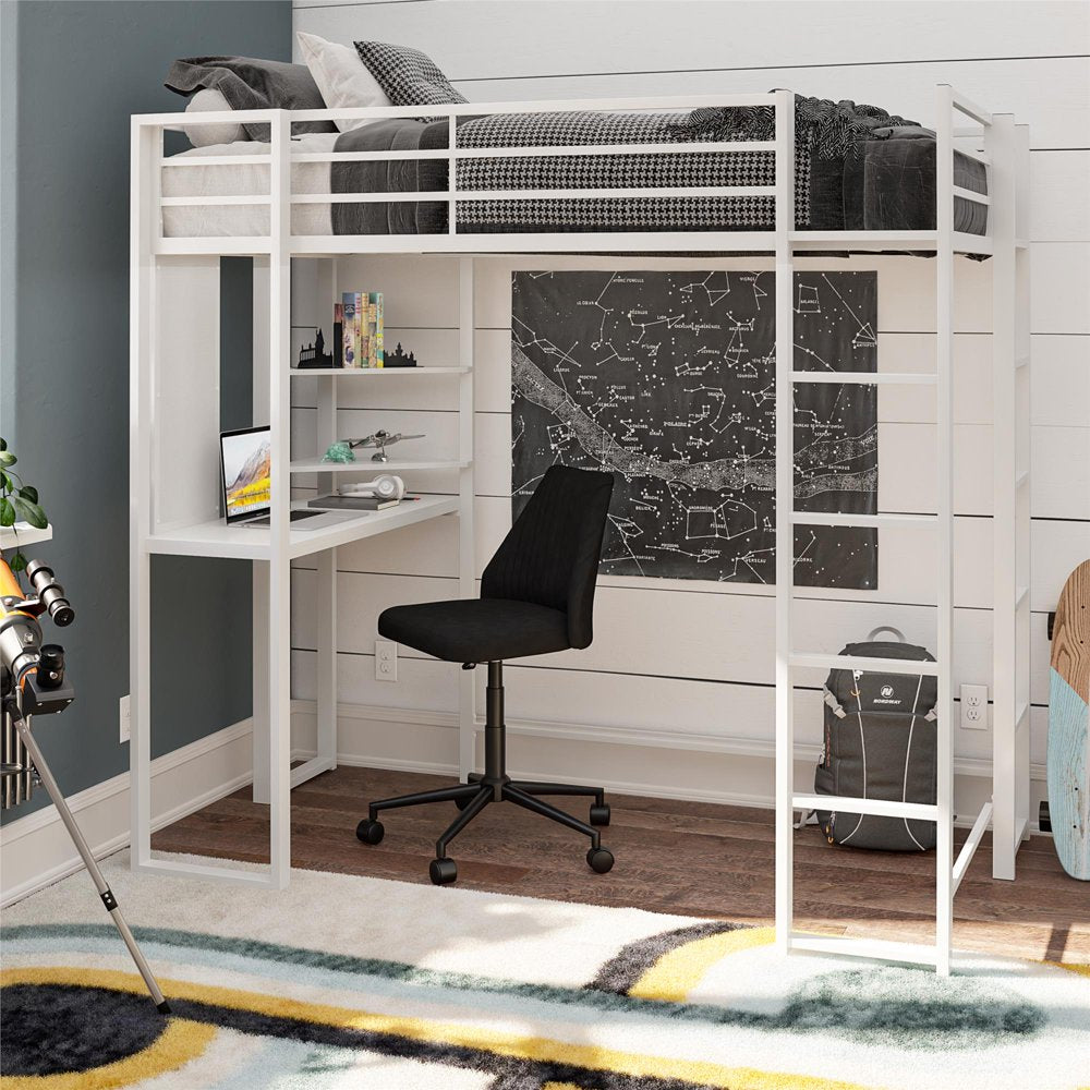 Teen Novogratz Hunter Full Size Metal Loft Bed with Desk, White