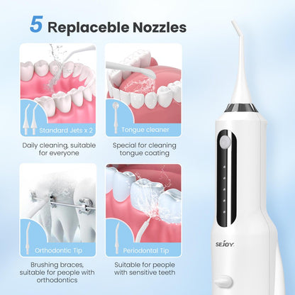 Sejoy Cordless Water Flosser Dental Teeth Cleaner, Professional 270ML Tank USB Rechargeable Dental Oral Irrigator for Home and Travel, 5 Modes 5 Jet Tips, IPX7 Waterproof, Easy-to-Clean,White