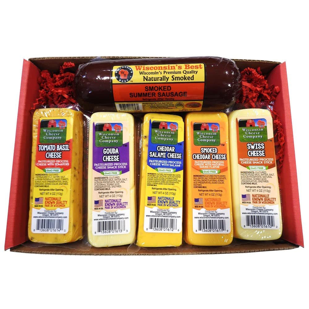 WISCONSIN'S BEST AND WISCONSIN CHEESE COMPANY'S - Specialty Cheese Block Sampler & Sausage Gift Box. 5-4oz. Cheeses, 1-12oz. Summer Sausage. Perfect Birthday Gift, Holiday, Christmas Gifts.