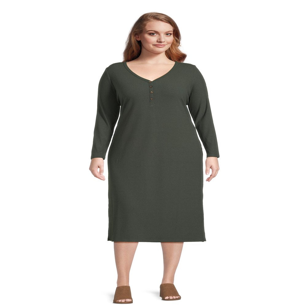  Women’S plus Rib Knit Jersey Henley Midi Dress