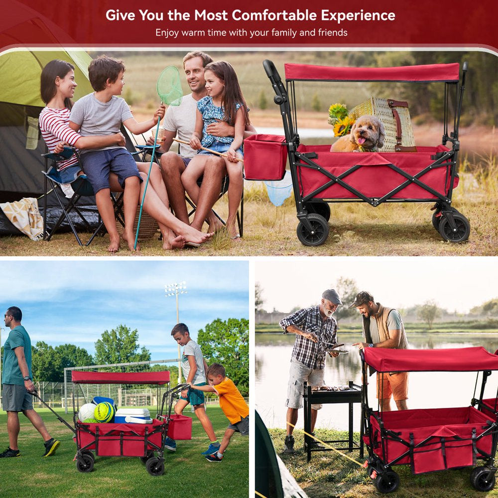 Collapsible Garden Wagon Cart with Removable Canopy, VECUKTY Foldable Wagon Utility Carts with Wheels and Rear Storage, Wagon Cart for Garden Camping Grocery Shopping Cart, Red