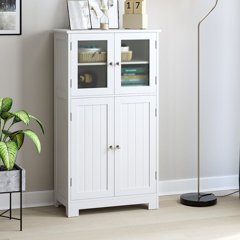 Bathroom Storage Cabinet, Floor White Wooden Linen Cabinet with Shelves and Doors, Kitchen Cupboard