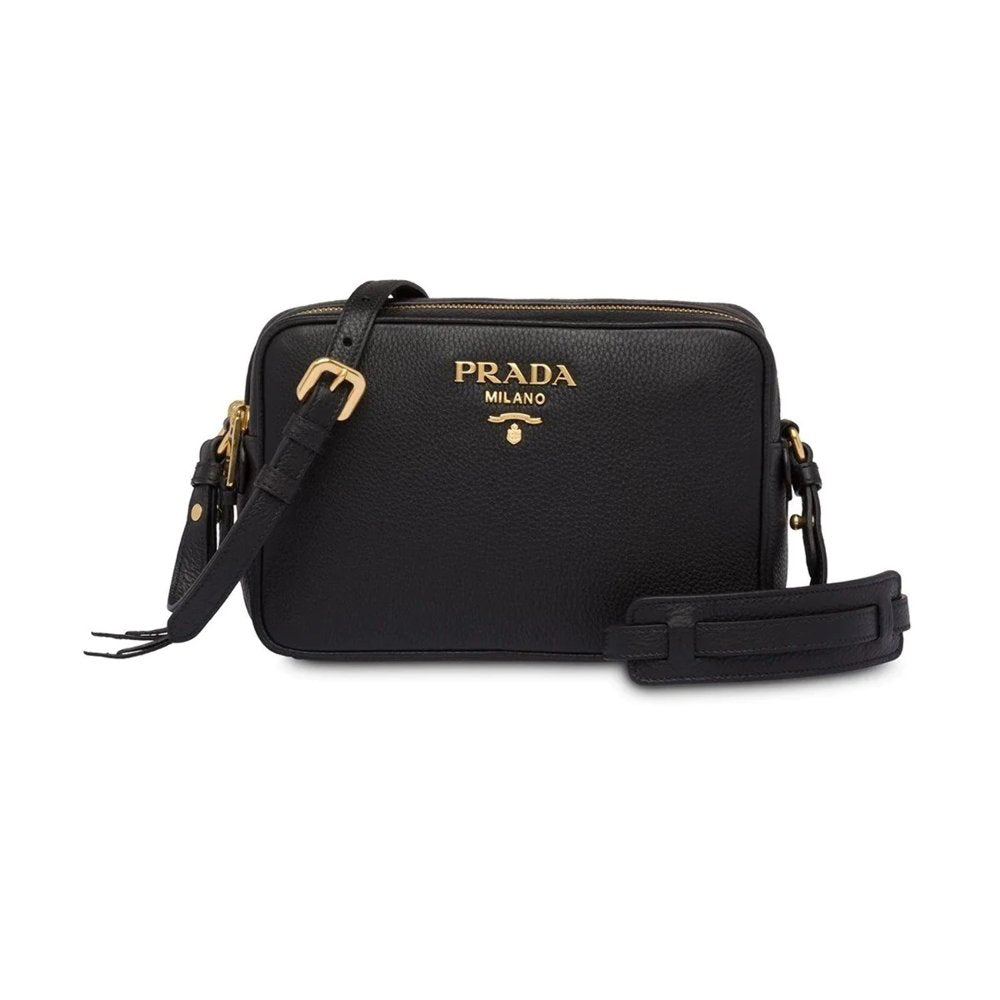 New Prada Black Vitello Phenix Leather Double Zip Cross Body Bag 1BH079