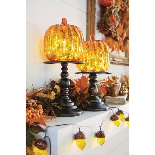 Brylanehome 11"H X 6"Diam. Pre-Lit Glass Pumpkin on Stand, Orange Fall Decor Light up Decoration