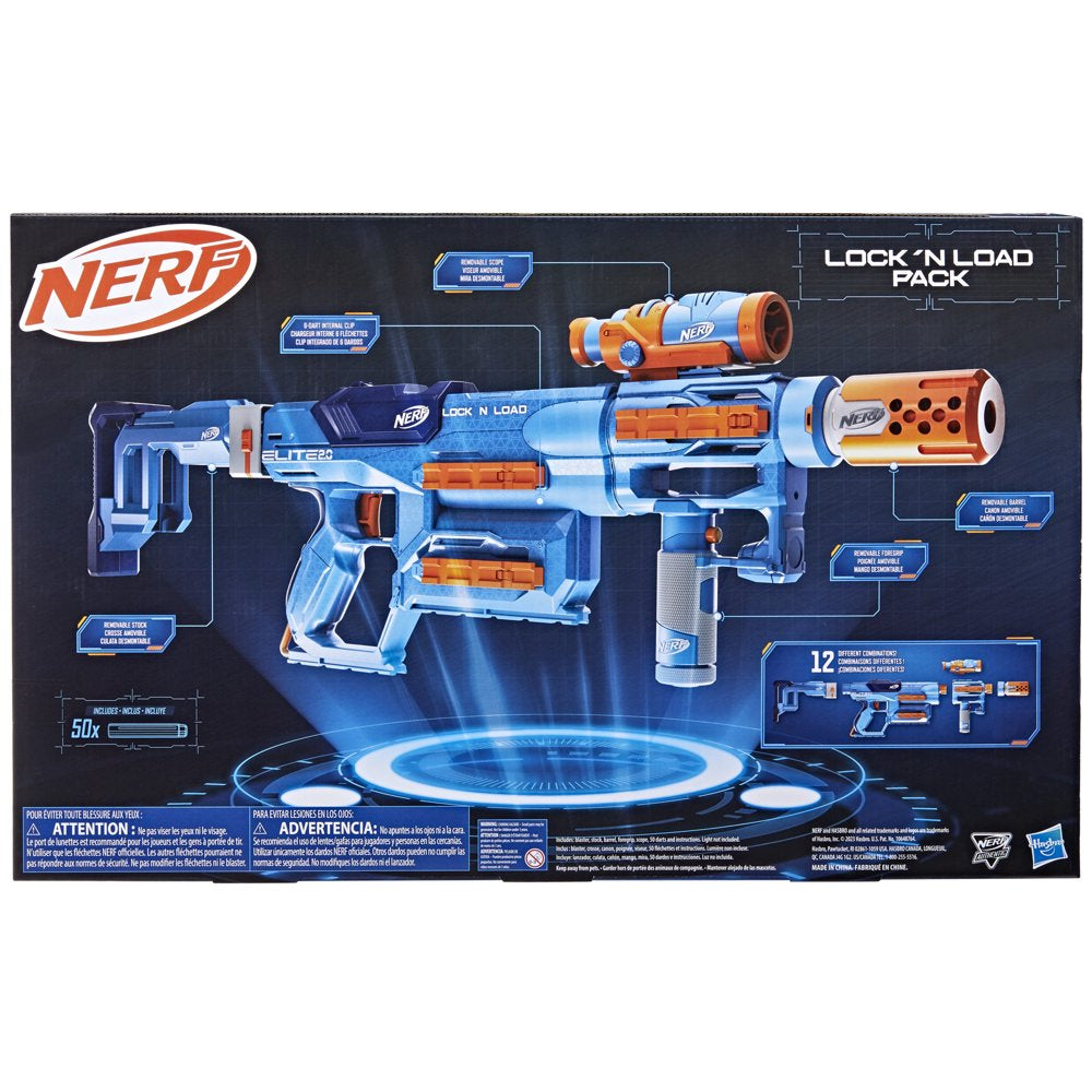 Nerf Elite 2.0 Lock N Load Pack, Blaster, 50 Elite Darts, Stock, Barrel, Foregrip, Scope, Ages 8+