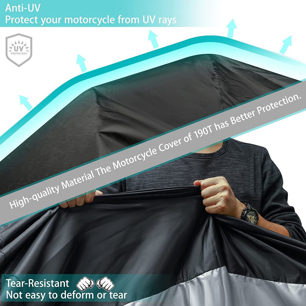 XXL Motorcycle Cover Outdoor Waterproof, All Season Motorcycle Sun Dust Cover - Black and Silver