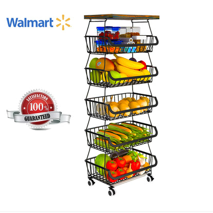 6-Tier Multifunction Fruit Vegetable Rack, Stackable Rolling Cart with Solid Wood, Kitchen Storage Rack