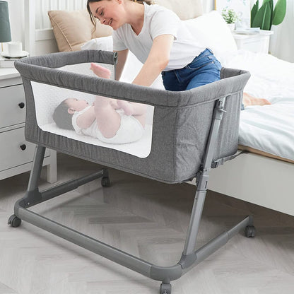 e Unisex Infant Flat Bedside Sleeper Bassinet with Wheels and Floding Frame for 0-9 Months Baby (Grey)