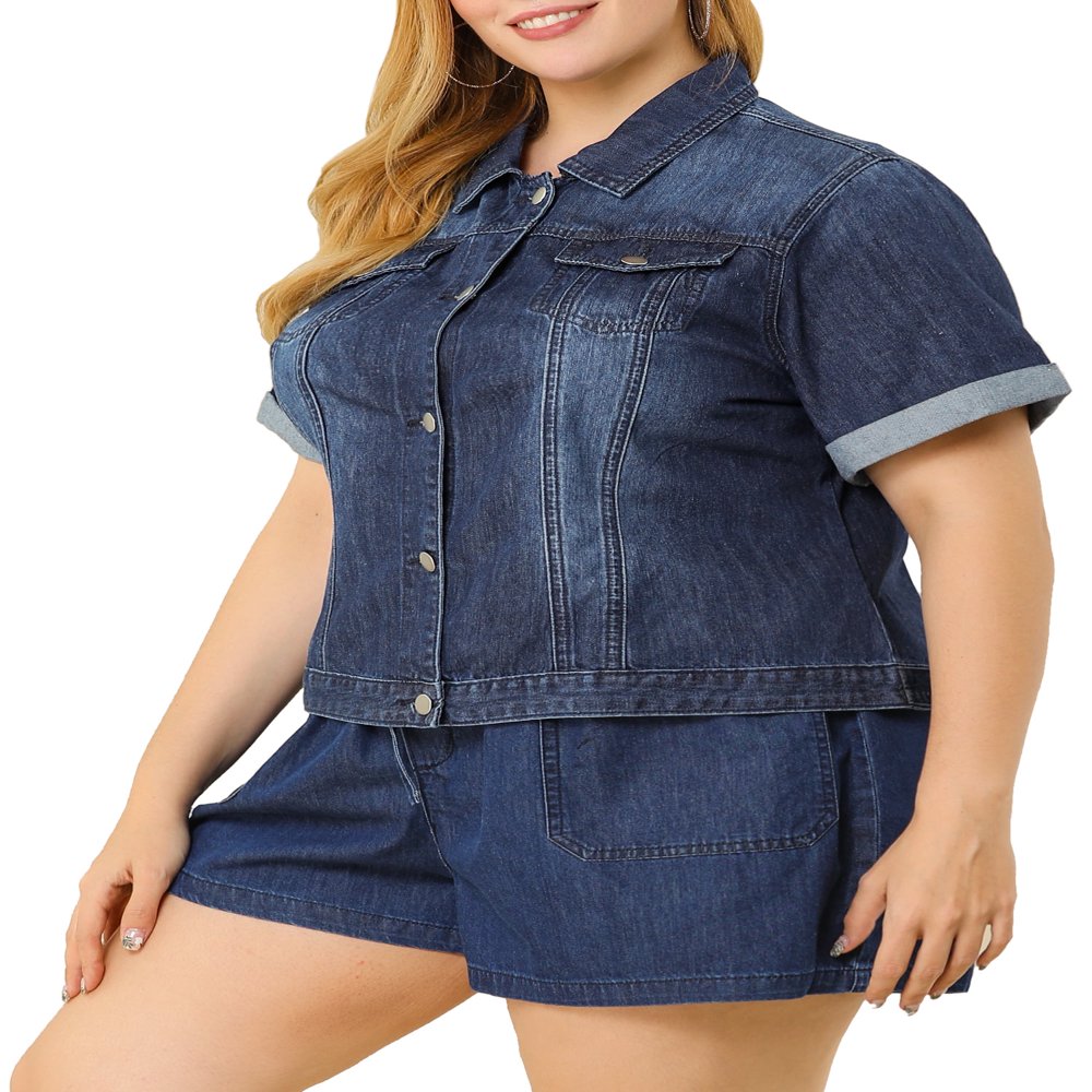  Plus Size Fall Button Down Crop Jean Trucker Denim Jacket